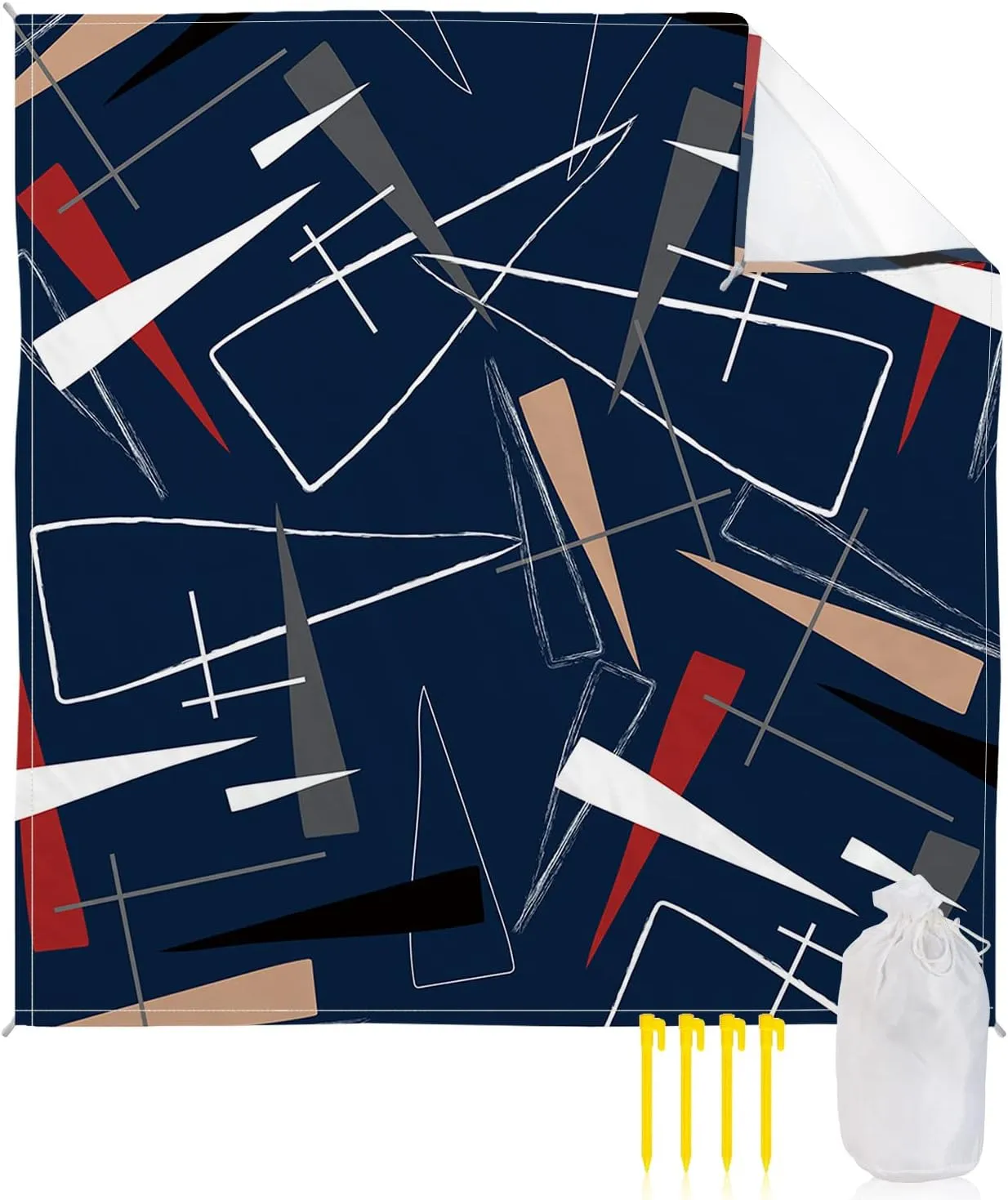 Beach Blanket Sandproof, Navy Blue Abstract Geometric Lines Waterproof Beach Mat Lightweight Quick Drying Picnic Blanket Beach Essentials for Travel Camping Hiking 95x80in