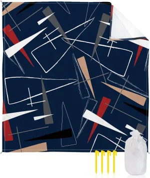 Beach Blanket Sandproof, Navy Blue Abstract Geometric Lines Waterproof Beach Mat Lightweight Quick Drying Picnic Blanket Beach Essentials for Travel Camping Hiking 95x80in