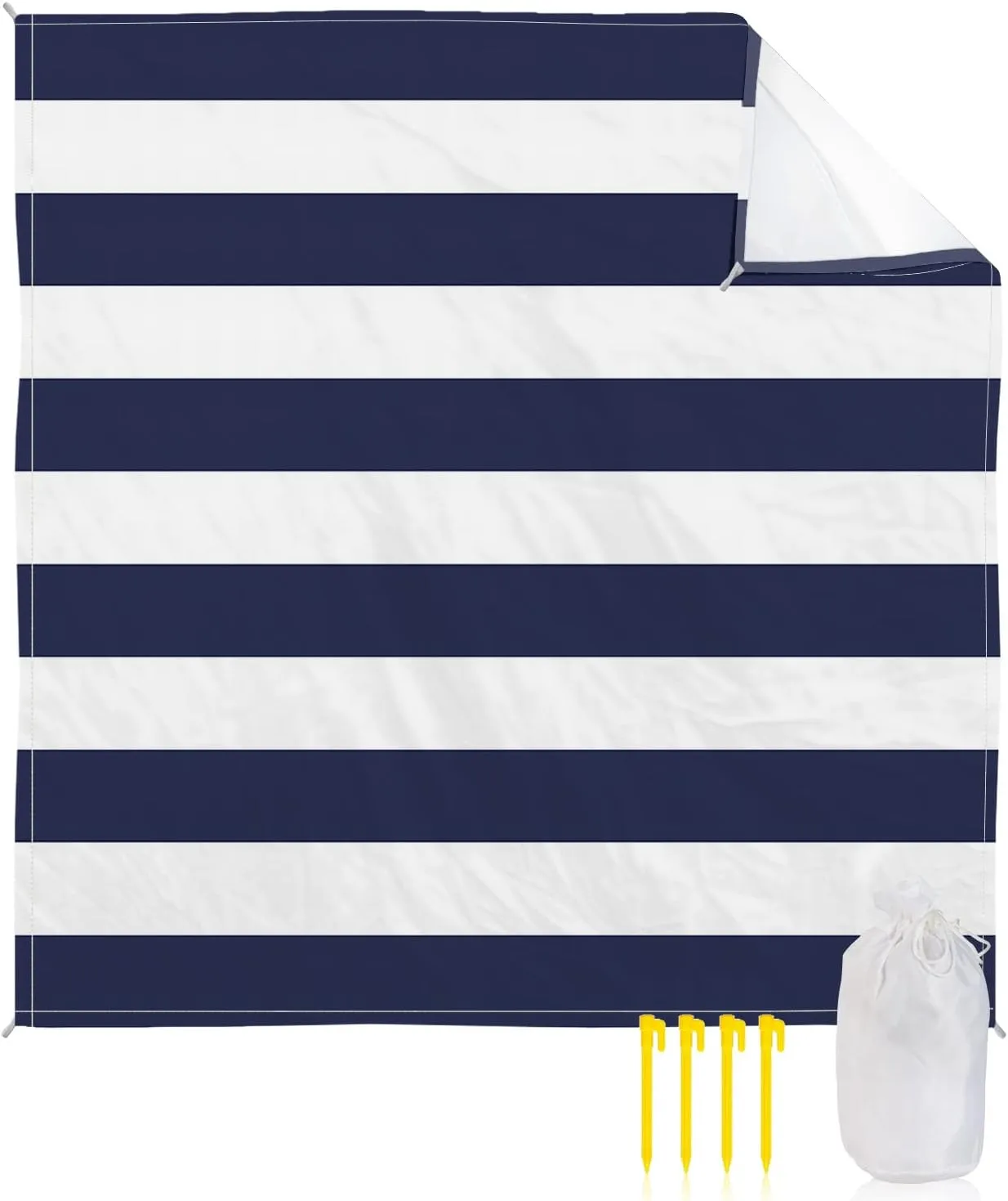Beach Blanket Sandproof, Navy Blue White Stripe Waterproof Beach Mat Lightweight Quick Drying Picnic Blanket Beach Essentials for Travel Camping Hiking 95x80in