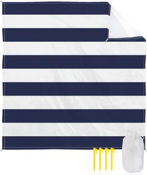 Beach Blanket Sandproof, Navy Blue White Stripe Waterproof Beach Mat Lightweight Quick Drying Picnic Blanket Beach Essentials for Travel Camping Hiking 95x80in