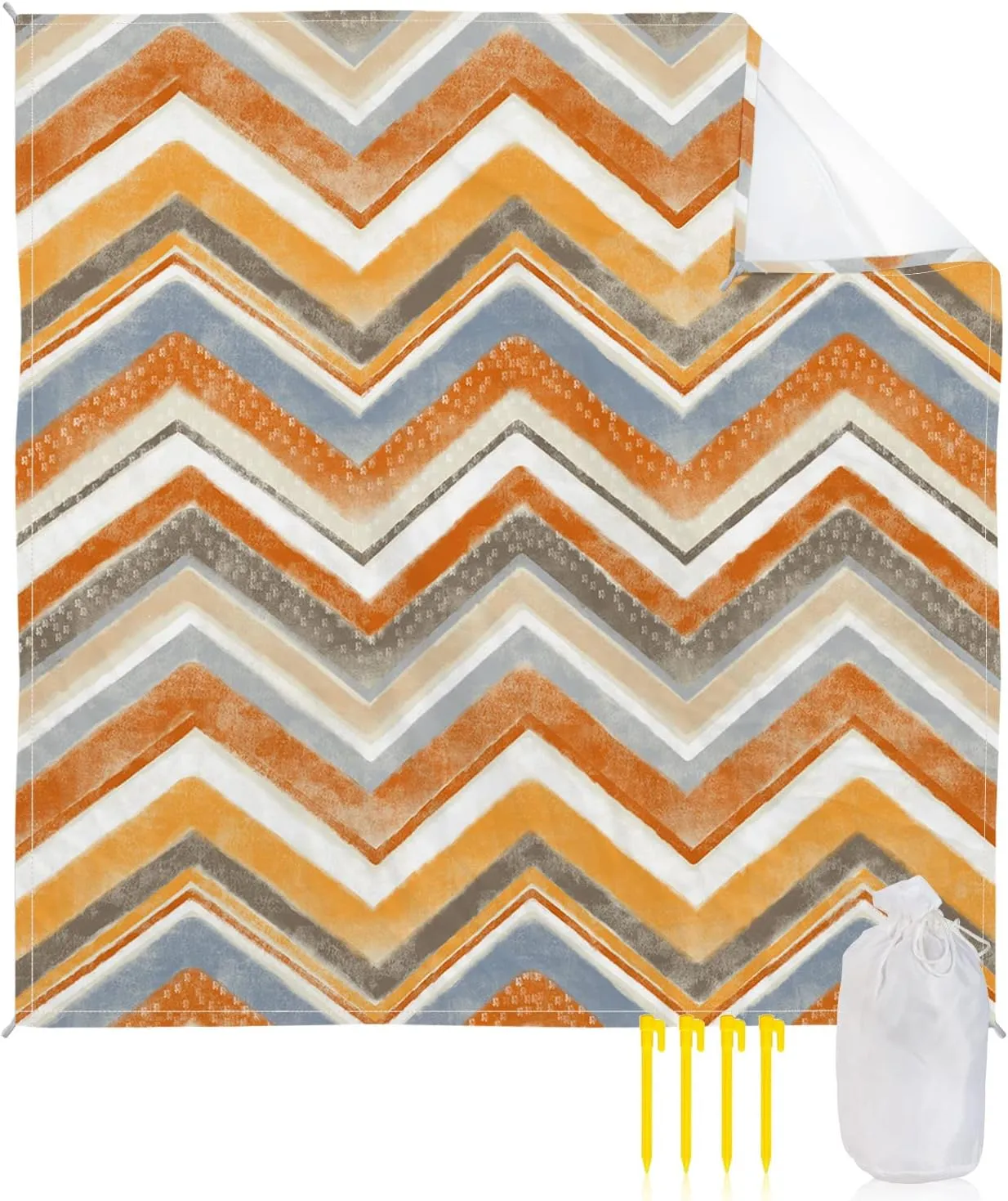 Beach Blanket Sandproof, Northern Europe Orange Geometric Wave Stripes Waterproof Beach Mat Lightweight Quick Drying Picnic Blanket Beach Essentials for Travel Camping Hiking 118x108in