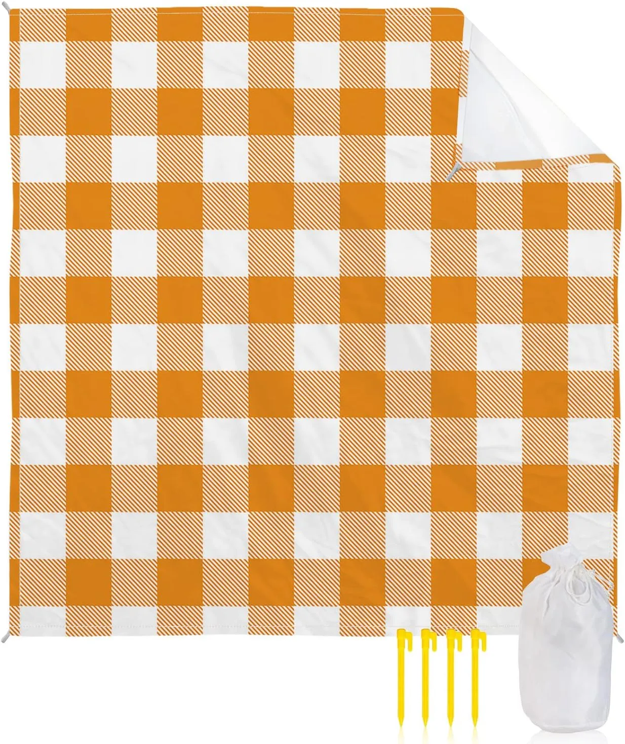 Beach Blanket Sandproof, Pastoral Style Orange Lattice Waterproof Beach Mat Lightweight Quick Drying Picnic Blanket Beach Essentials for Travel Camping Hiking 118x108in