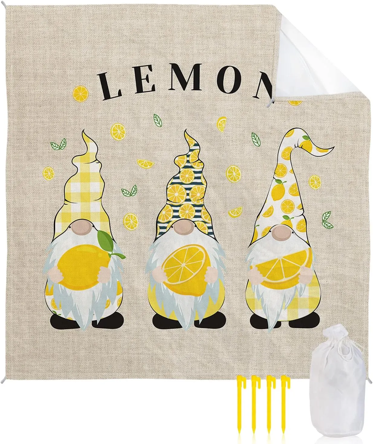 Beach Blanket Sandproof, Summer Lemon Cute Gnomes Waterproof Beach Mat Lightweight Quick Drying Picnic Blanket Beach Essentials for Travel Camping Hiking 108x84in
