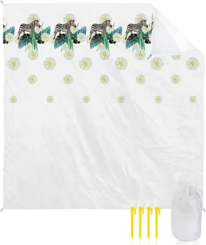 Beach Blanket Sandproof, Tropical Zebra and Flowers White Waterproof Beach Mat Lightweight Quick Drying Picnic Blanket Beach Essentials for Travel Camping Hiking 108x84in