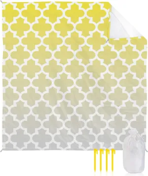 Beach Blanket Sandproof, Yellow Grey Gradient Retro Morocco Pattern Waterproof Beach Mat Lightweight Quick Drying Picnic Blanket Beach Essentials for Travel Camping Hiking 108x84in