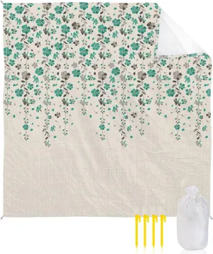 Beach Blanket, Teal Green Grey Floral Flower Sandproof Waterproof Outdoor Mat Quick Drying Beach Accessories for Vacation Holiday Picnic Camping, 79"x83" for 1-4 Adults