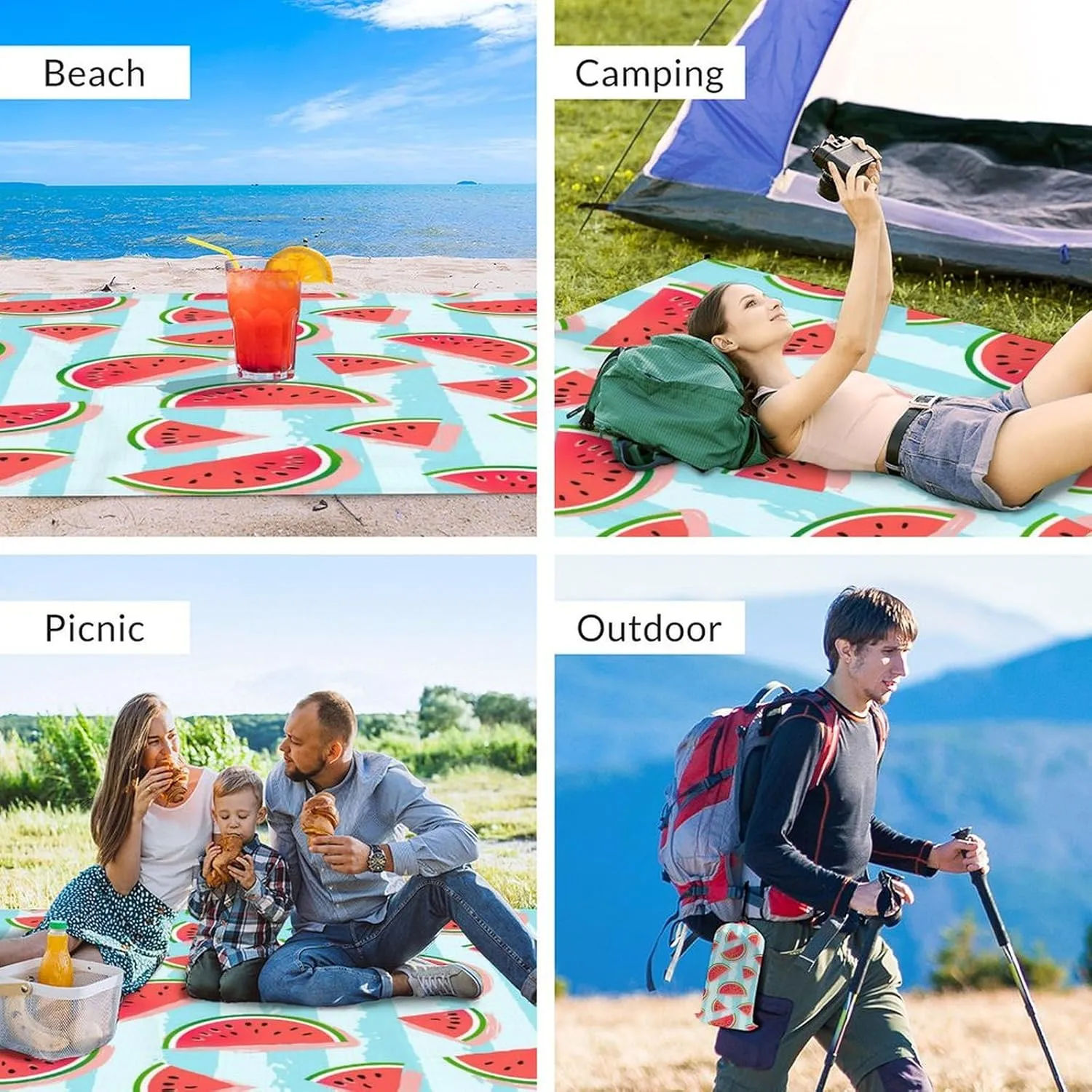 Beach Blanket Waterproof Sandproof, 118x110 Inches Oversized Watermelon Beach Mat for 6-8 Adults, Lightweight Windproof Picnic Blanket with 4 Corner Pockets for Outdoor, Travel, Camping, Hiking