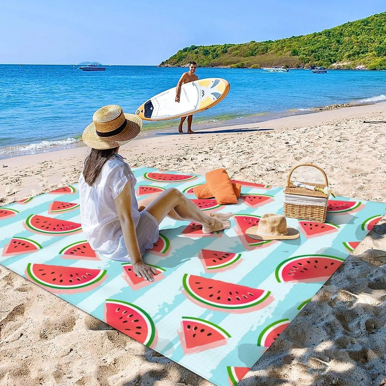 Beach Blanket Waterproof Sandproof, 118x110 Inches Oversized Watermelon Beach Mat for 6-8 Adults, Lightweight Windproof Picnic Blanket with 4 Corner Pockets for Outdoor, Travel, Camping, Hiking