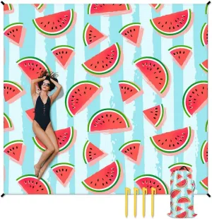 Beach Blanket Waterproof Sandproof, 118x110 Inches Oversized Watermelon Beach Mat for 6-8 Adults, Lightweight Windproof Picnic Blanket with 4 Corner Pockets for Outdoor, Travel, Camping, Hiking