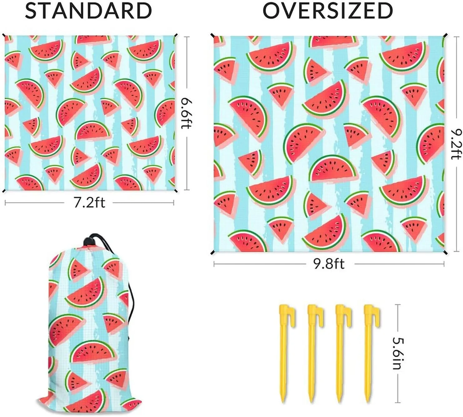 Beach Blanket Waterproof Sandproof, 118x110 Inches Oversized Watermelon Beach Mat for 6-8 Adults, Lightweight Windproof Picnic Blanket with 4 Corner Pockets for Outdoor, Travel, Camping, Hiking