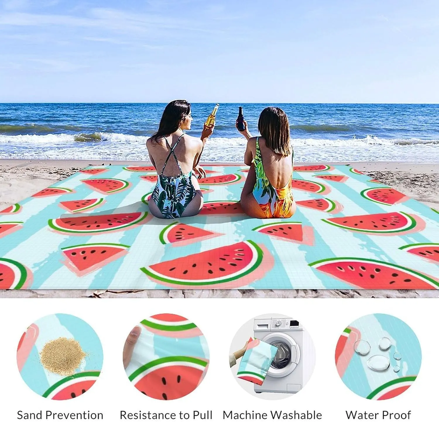 Beach Blanket Waterproof Sandproof, 118x110 Inches Oversized Watermelon Beach Mat for 6-8 Adults, Lightweight Windproof Picnic Blanket with 4 Corner Pockets for Outdoor, Travel, Camping, Hiking