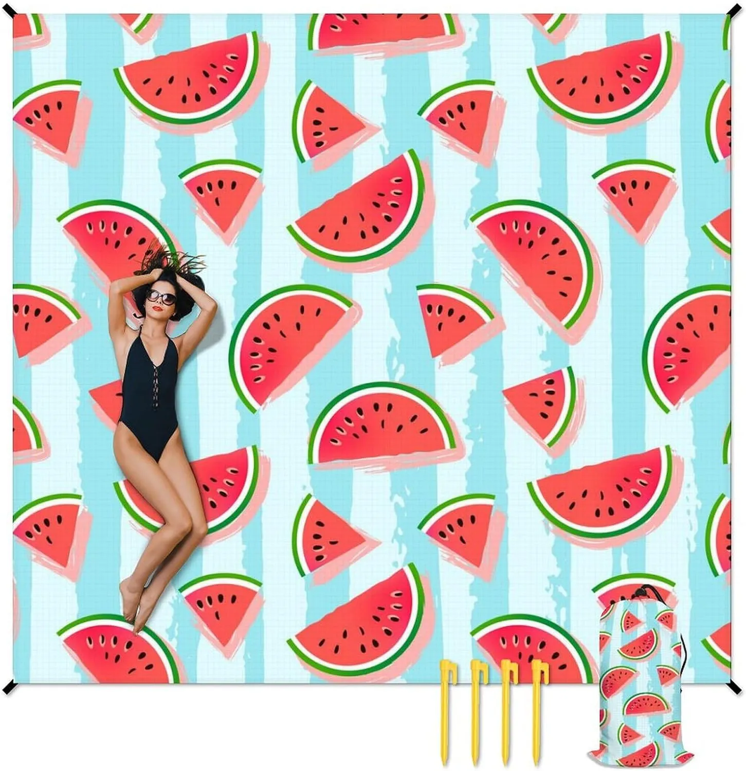 Beach Blanket Waterproof Sandproof, 118x110 Inches Oversized Watermelon Beach Mat for 6-8 Adults, Lightweight Windproof Picnic Blanket with 4 Corner Pockets for Outdoor, Travel, Camping, Hiking