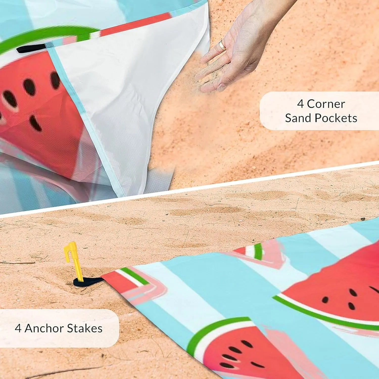 Beach Blanket Waterproof Sandproof, 118x110 Inches Oversized Watermelon Beach Mat for 6-8 Adults, Lightweight Windproof Picnic Blanket with 4 Corner Pockets for Outdoor, Travel, Camping, Hiking