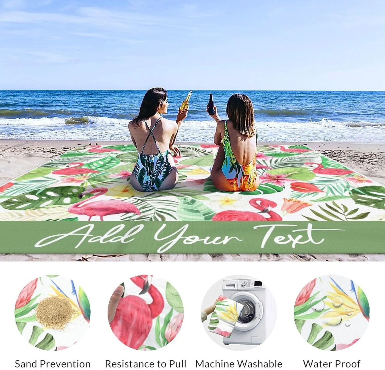 Beach Blanket Waterproof Sandproof - Personalized 86x78 Inches Large Flamingo Beach Mat for Family - Lightweight Picnic Blanket for Outdoor - 4 Corner Pockets Camping Blanket for Travel Hiking