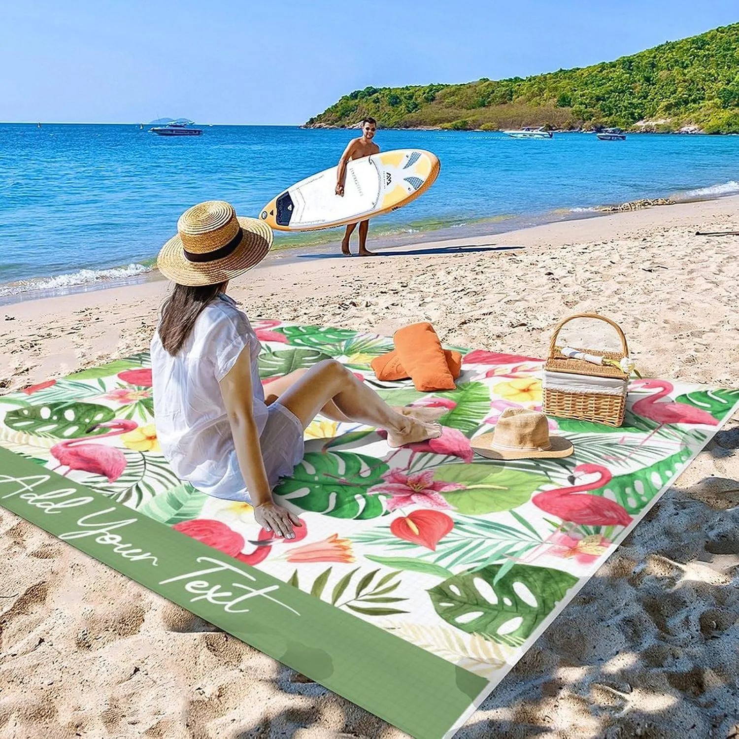 Beach Blanket Waterproof Sandproof - Personalized 86x78 Inches Large Flamingo Beach Mat for Family - Lightweight Picnic Blanket for Outdoor - 4 Corner Pockets Camping Blanket for Travel Hiking