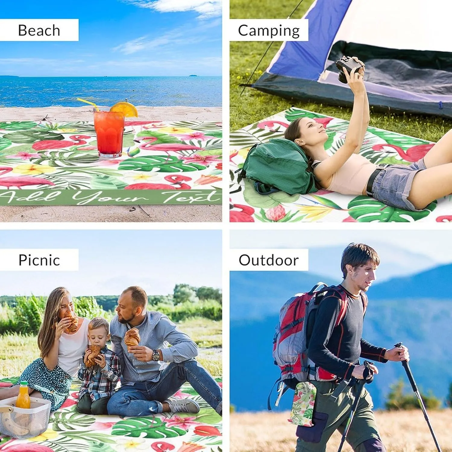 Beach Blanket Waterproof Sandproof - Personalized 86x78 Inches Large Flamingo Beach Mat for Family - Lightweight Picnic Blanket for Outdoor - 4 Corner Pockets Camping Blanket for Travel Hiking