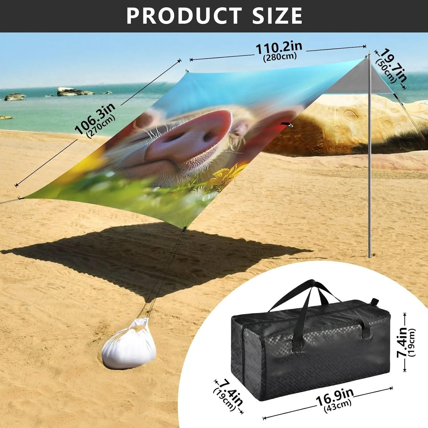 Beach Canopy Tent Sun Shade Outdoor Patio 9.2 × 10.5 FT Print Camping Sun Shelter Custom Sleeping Piglet Grass Print Wind Sail Shade with Sand Anchor Poles