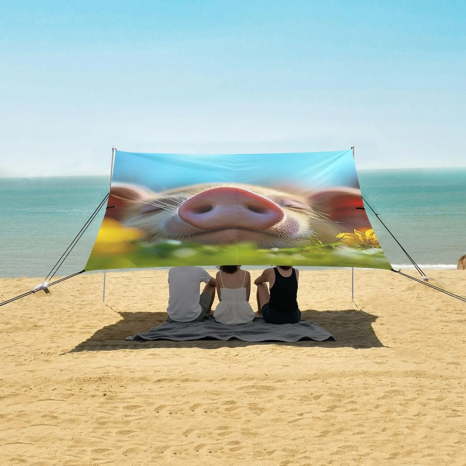 Beach Canopy Tent Sun Shade Outdoor Patio 9.2 × 10.5 FT Print Camping Sun Shelter Custom Sleeping Piglet Grass Print Wind Sail Shade with Sand Anchor Poles