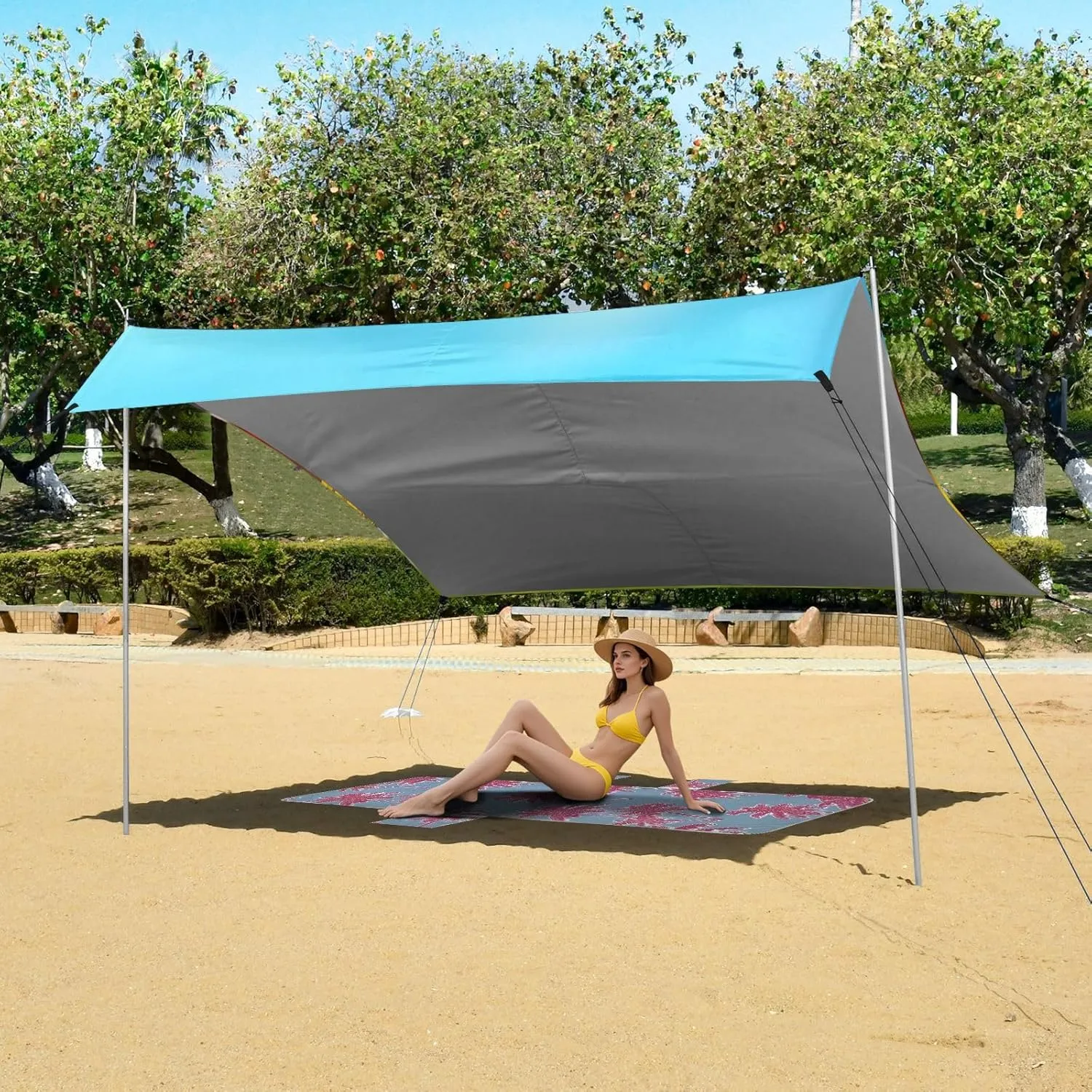 Beach Canopy Tent Sun Shade Outdoor Patio 9.2 × 10.5 FT Print Camping Sun Shelter Custom Sleeping Piglet Grass Print Wind Sail Shade with Sand Anchor Poles