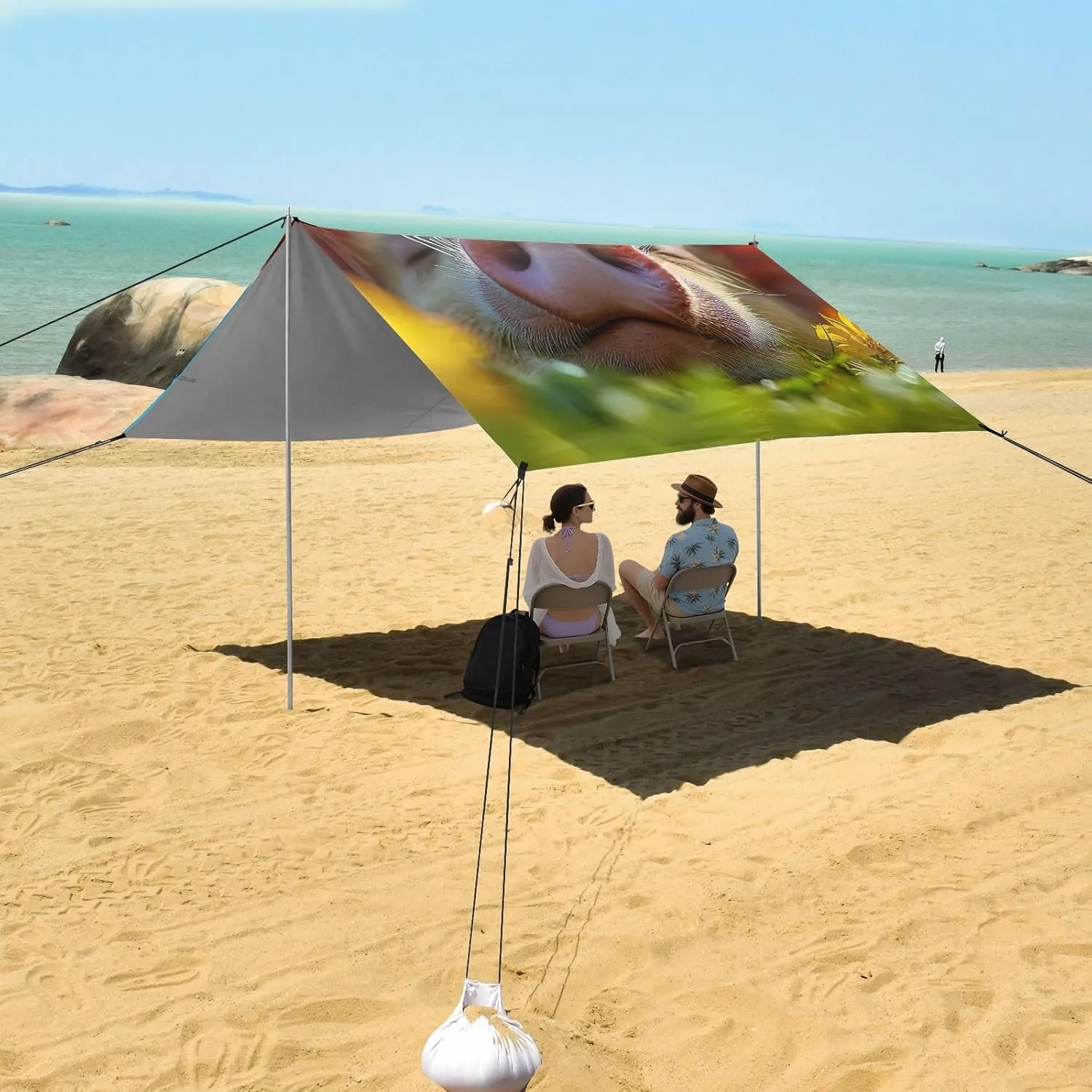 Beach Canopy Tent Sun Shade Outdoor Patio 9.2 × 10.5 FT Print Camping Sun Shelter Custom Sleeping Piglet Grass Print Wind Sail Shade with Sand Anchor Poles