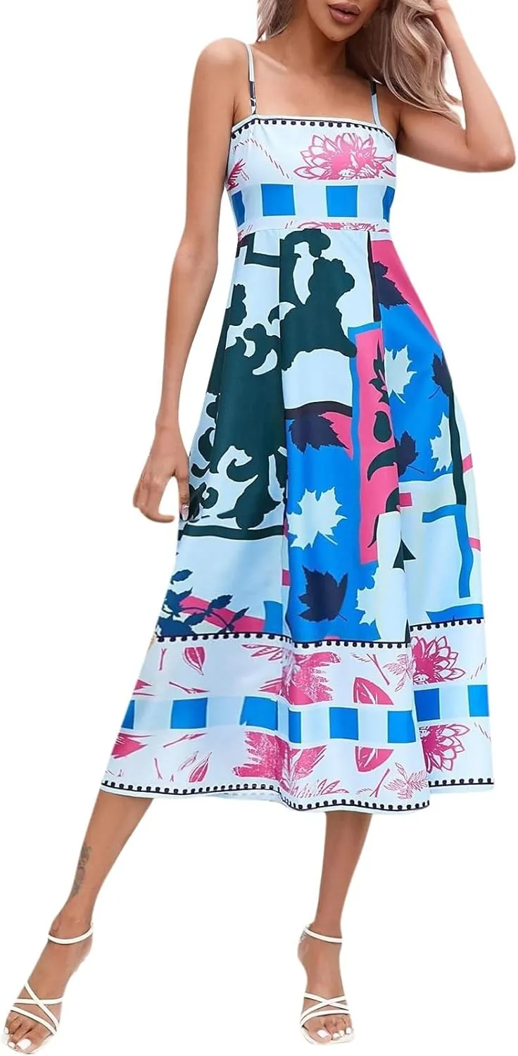 Beach Dresses for Women 2025 Vacation Spaghetti Strap Graffiti Maxi Dress Graphic A Line Swing Long Cami Dress