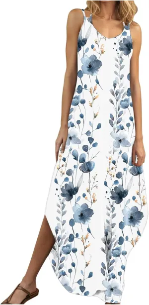 Beach Dresses for Women 2025 Vacation Spring Boho Floral Long Sundress Summer Flowy Sleeveless Casual Maxi Dress
