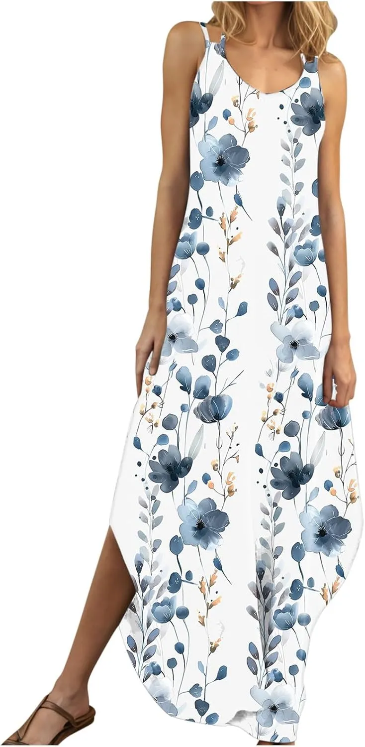 Beach Dresses for Women 2025 Vacation Spring Boho Floral Long Sundress Summer Flowy Sleeveless Casual Maxi Dress