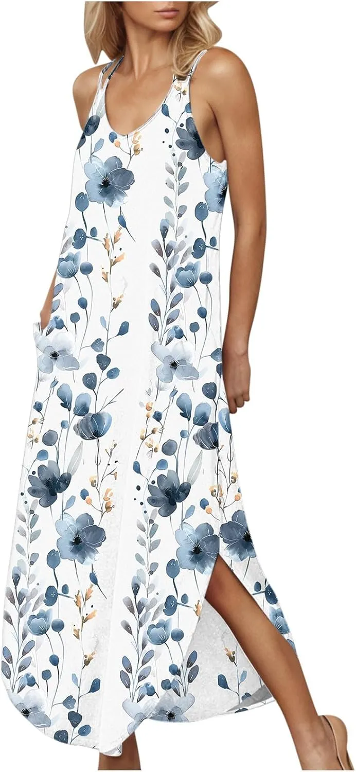 Beach Dresses for Women 2025 Vacation Spring Boho Floral Long Sundress Summer Flowy Sleeveless Casual Maxi Dress