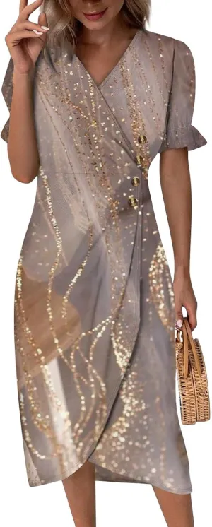 Beach Dresses for Women,2025 Spring Trendy Floral Boho Dress,Elegant V Neck Short Sleeve Irregular Hem Midi Dress