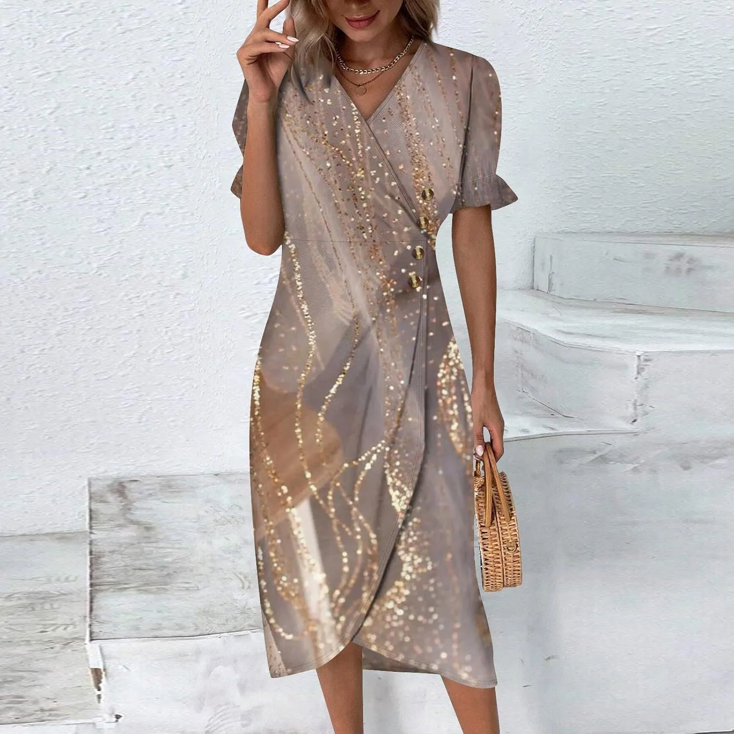 Beach Dresses for Women,2025 Spring Trendy Floral Boho Dress,Elegant V Neck Short Sleeve Irregular Hem Midi Dress
