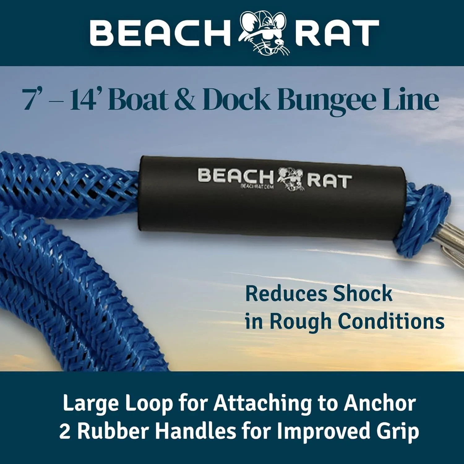 Beach Rat 7-14’ Bungee Boat Anchor & Dock Line with Stainless Steel Clip – Reduces Shock to Anchors, Docks, Cleats & Pylons – Boat Rope That Stretches – Beach Rat Anchor Accessory (Blue)