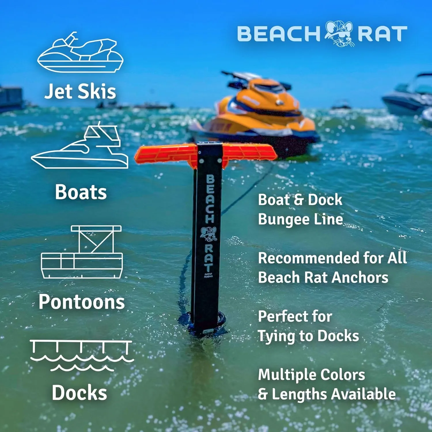 Beach Rat 7-14’ Bungee Boat Anchor & Dock Line with Stainless Steel Clip – Reduces Shock to Anchors, Docks, Cleats & Pylons – Boat Rope That Stretches – Beach Rat Anchor Accessory (Blue)