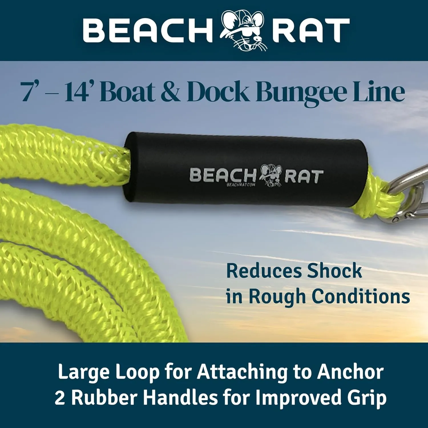 Beach Rat 7-14’ Bungee Boat Anchor & Dock Line with Stainless Steel Clip – Reduces Shock to Anchors, Docks, Cleats & Pylons – Boat Rope That Stretches – Beach Rat Anchor Accessory (Neon Yellow)