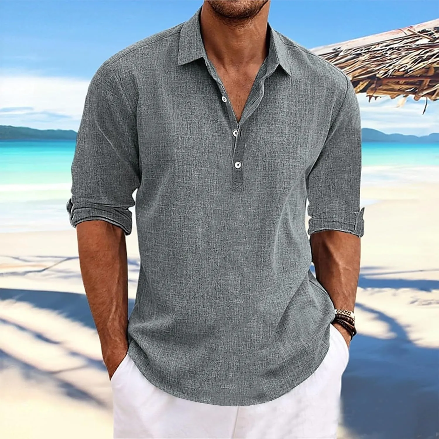Beach Shirts for Men Cotton Blend Shirt Solid Long Sleeve Button Down Shirt Casual Blouse Summer Hawaiian Shirts