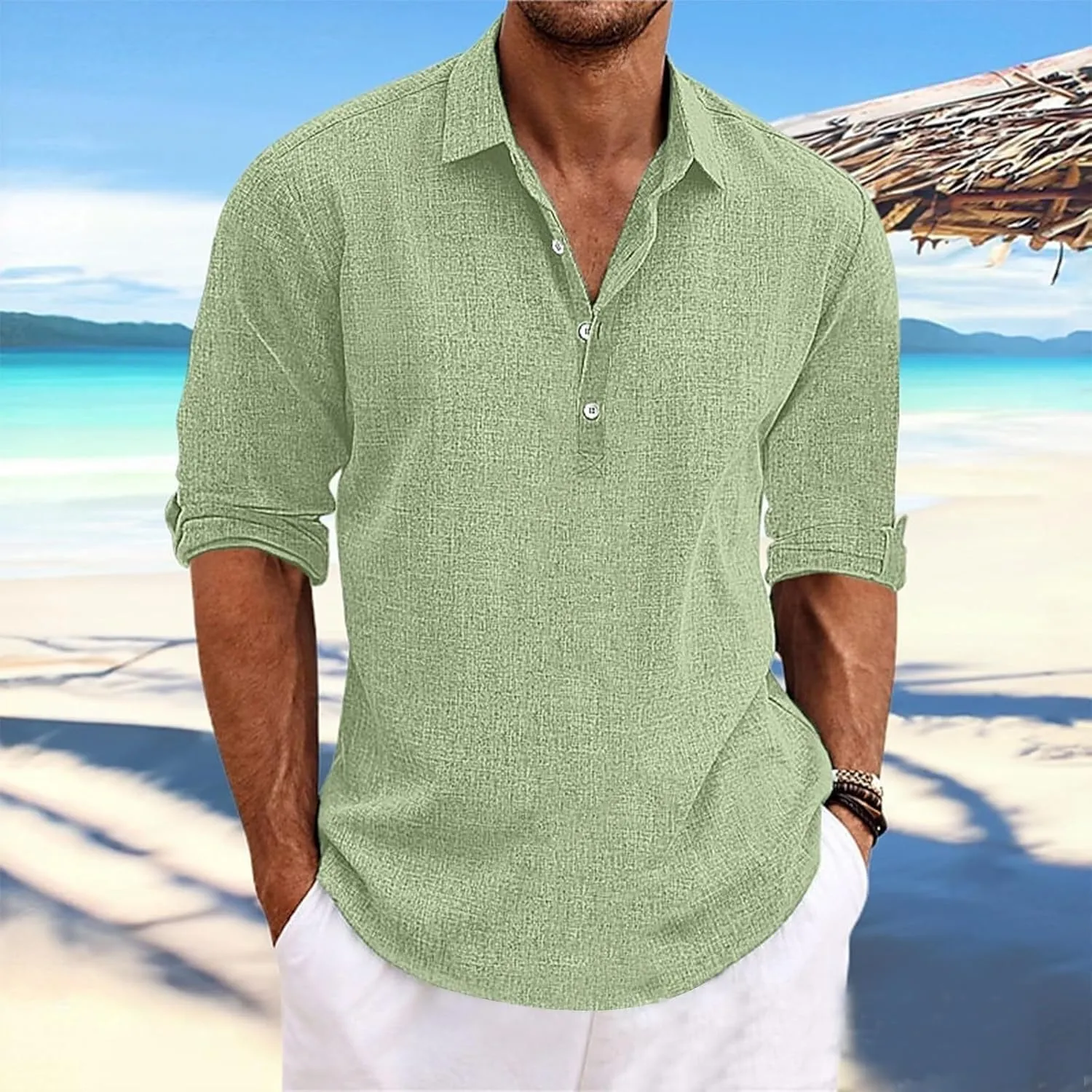 Beach Shirts for Men Cotton Blend Shirt Solid Long Sleeve Button Down Shirt Casual Blouse Summer Hawaiian Shirts