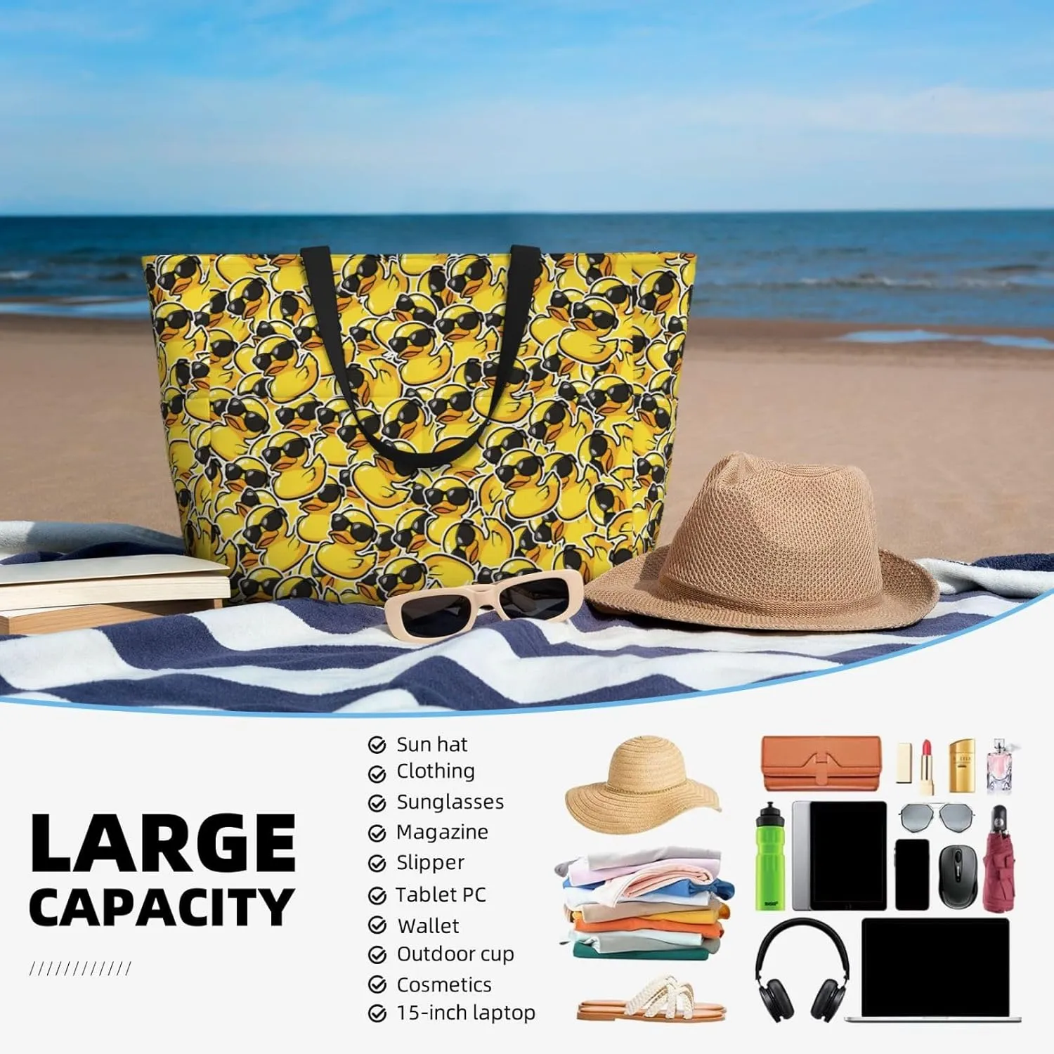 Beach Tote Bag for Women Foldable Waterproof and Sandproof Tote Bag with Zipper Print Beach Bag Large Travel Bag