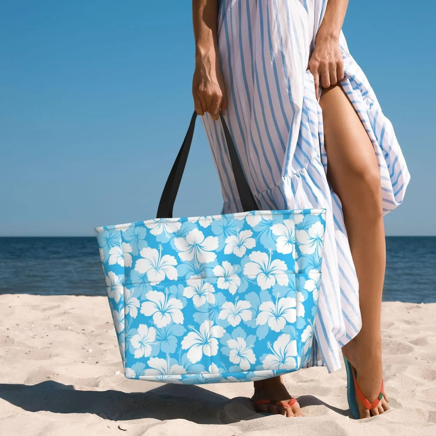 Beach Tote Bag for Women Foldable Waterproof and Sandproof Tote Bag with Zipper Print Beach Bag Large Travel Bag
