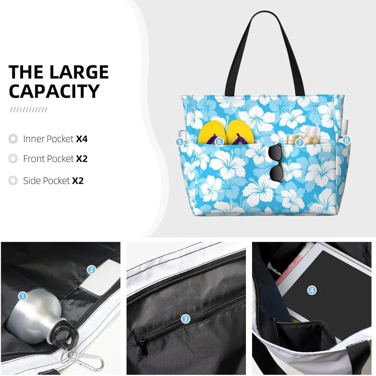 Beach Tote Bag for Women Foldable Waterproof and Sandproof Tote Bag with Zipper Print Beach Bag Large Travel Bag