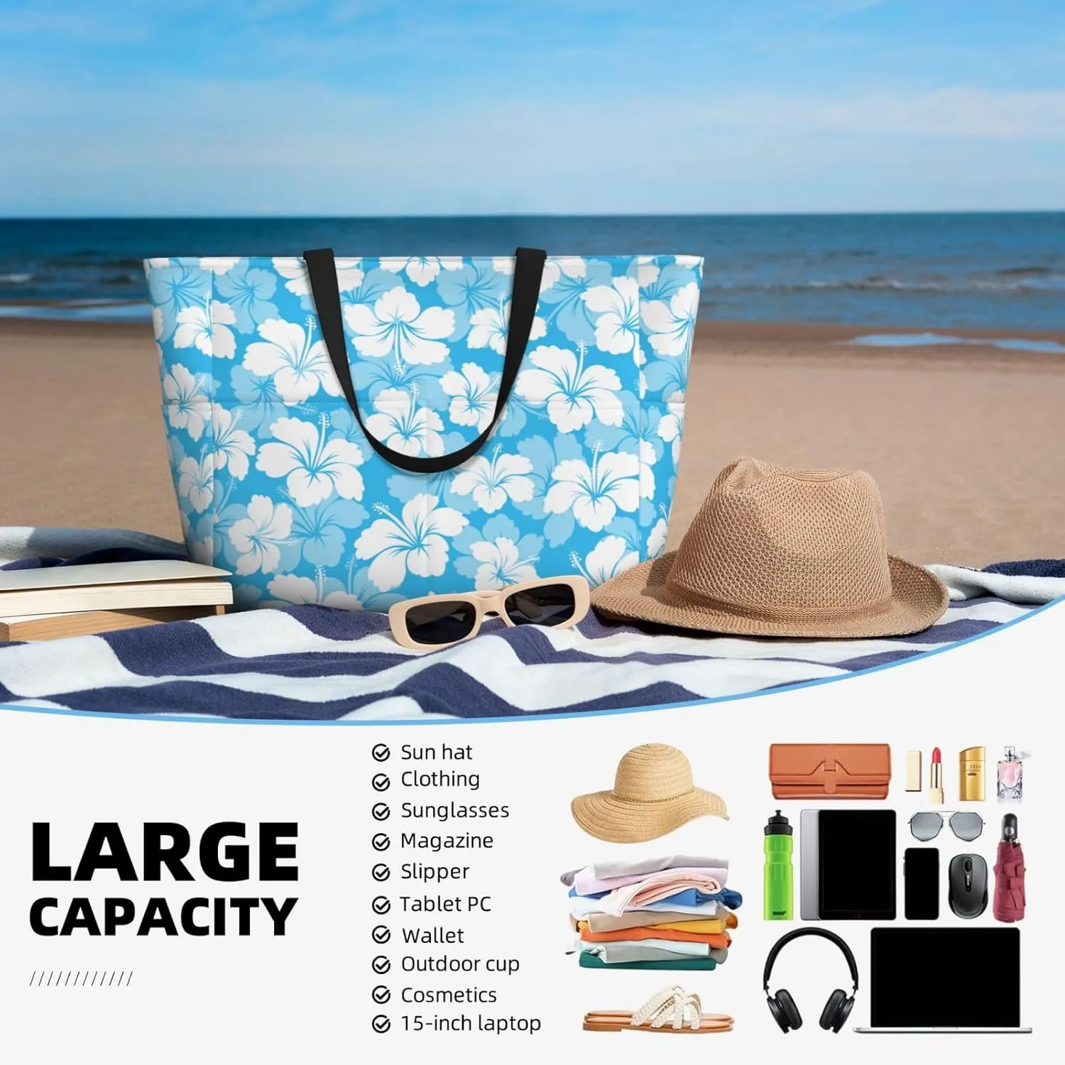 Beach Tote Bag for Women Foldable Waterproof and Sandproof Tote Bag with Zipper Print Beach Bag Large Travel Bag