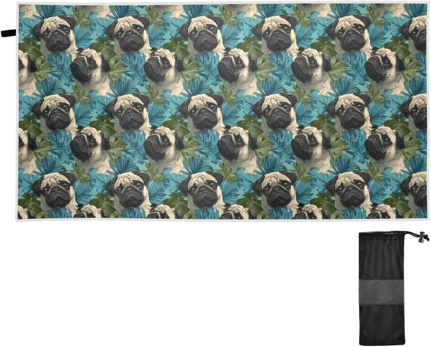 Beach Towel Hawaiian Pug Print Oversized Thin 30x60 in Quick Dry Sandproof Beach Blanket with Storage Bag