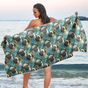 Beach Towel Hawaiian Pug Print Oversized Thin 30x60 in Quick Dry Sandproof Beach Blanket with Storage Bag