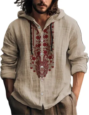 Beach Vacation Fall Tops Men's Button Up Long Sleeved Solid Cotton and Linen Hooded Shirt Linen Shirts for Men