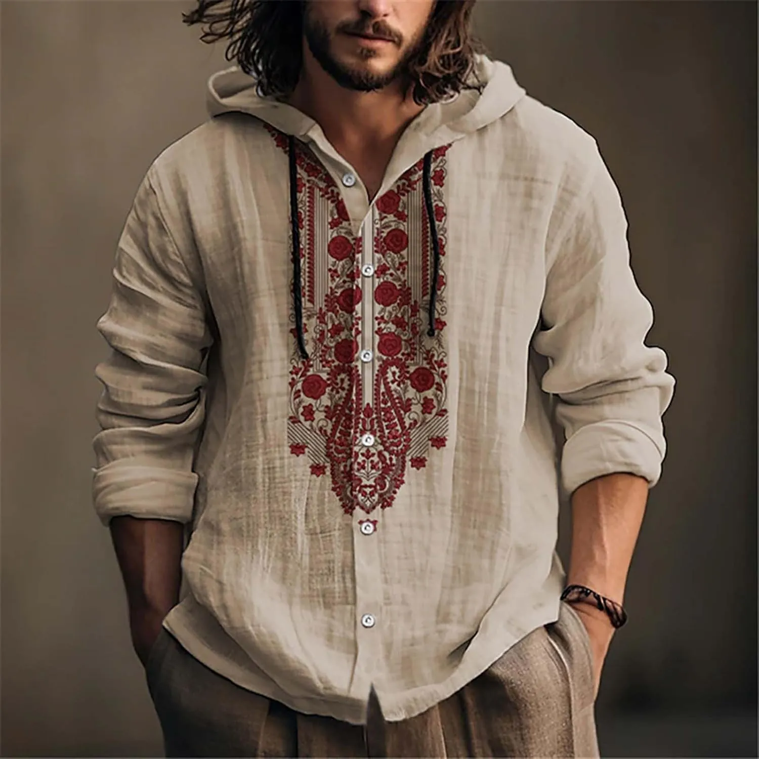 Beach Vacation Fall Tops Men's Button Up Long Sleeved Solid Cotton and Linen Hooded Shirt Linen Shirts for Men