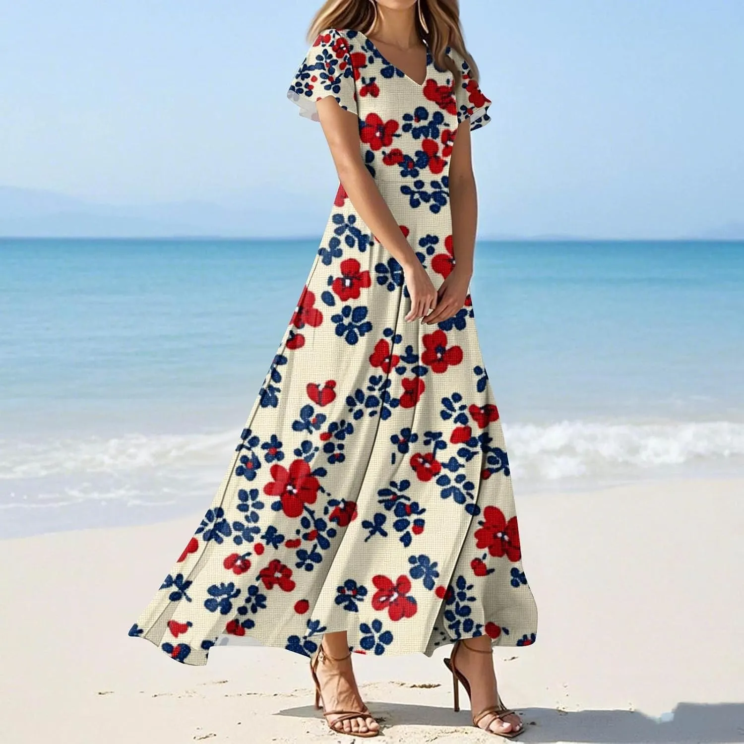 Beautiful School Tunic Dress Woman Wide Sleeve Crops Sheer Dress Lady Floral Printed Soft Summer High Waist Dresses
