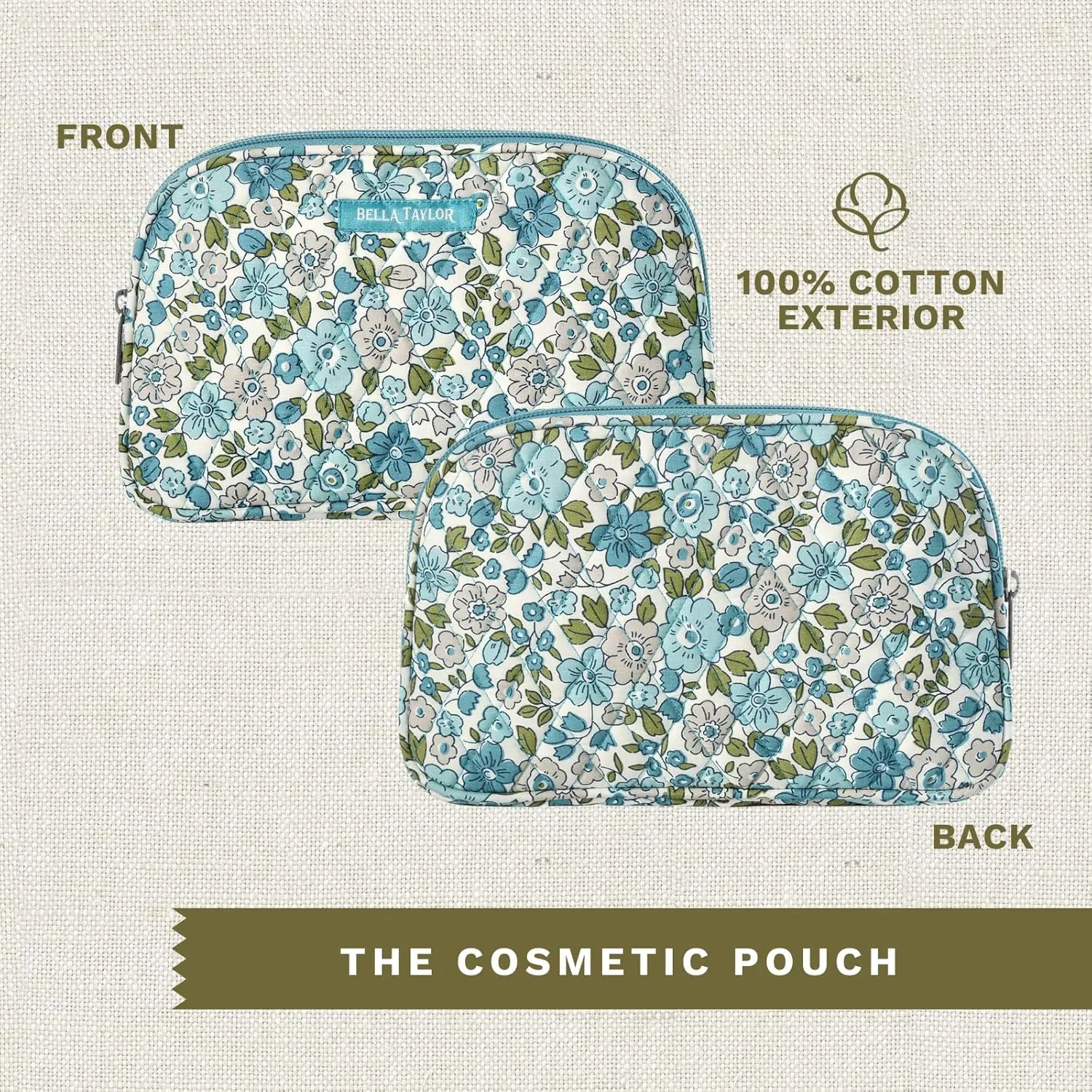 Bella Taylor Large Quilted Cotton Makeup Pouch for Women, Travel Cosmetic Bag, Quilted Cotton Delicate Floral Blue