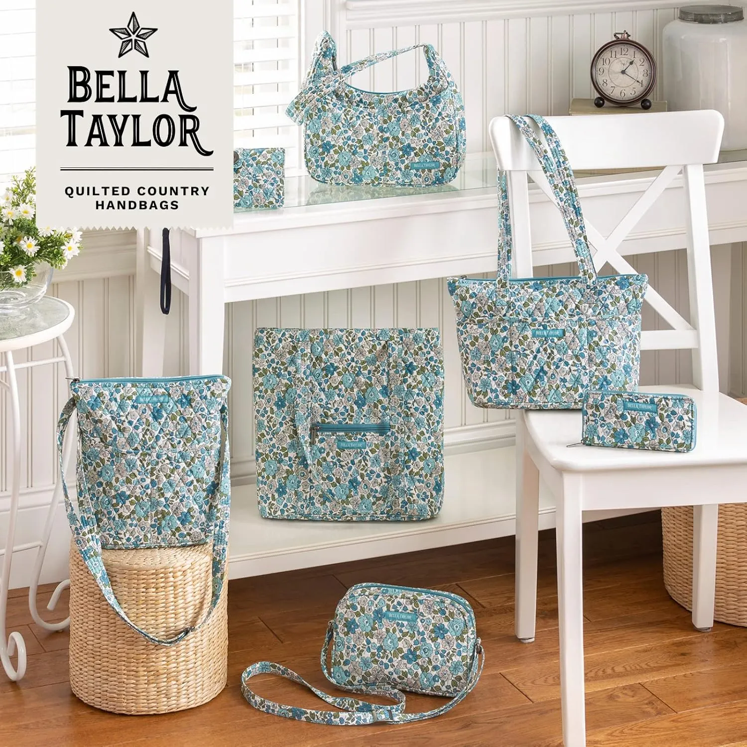 Bella Taylor Large Quilted Cotton Makeup Pouch for Women, Travel Cosmetic Bag, Quilted Cotton Delicate Floral Blue