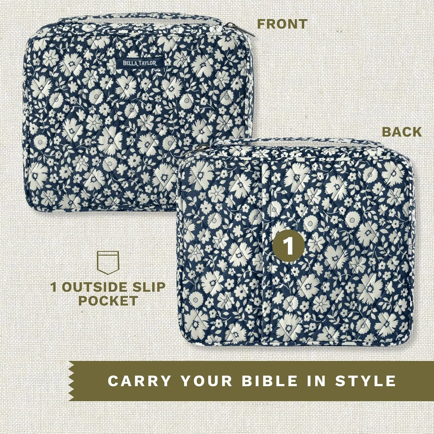Bella Taylor Quilted Bible Cover for Women - Large Study Bible Case - Bicolor Floral Navy