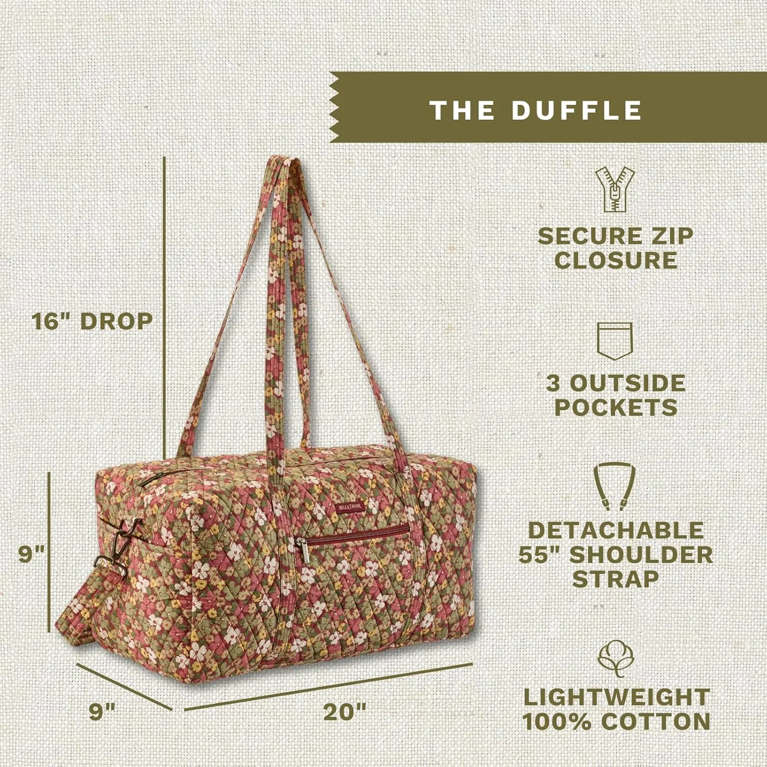 Bella Taylor Quilted Cotton Duffel Bag |Large Carry On Travel and Weekender Bag For Women| Autumn Garden