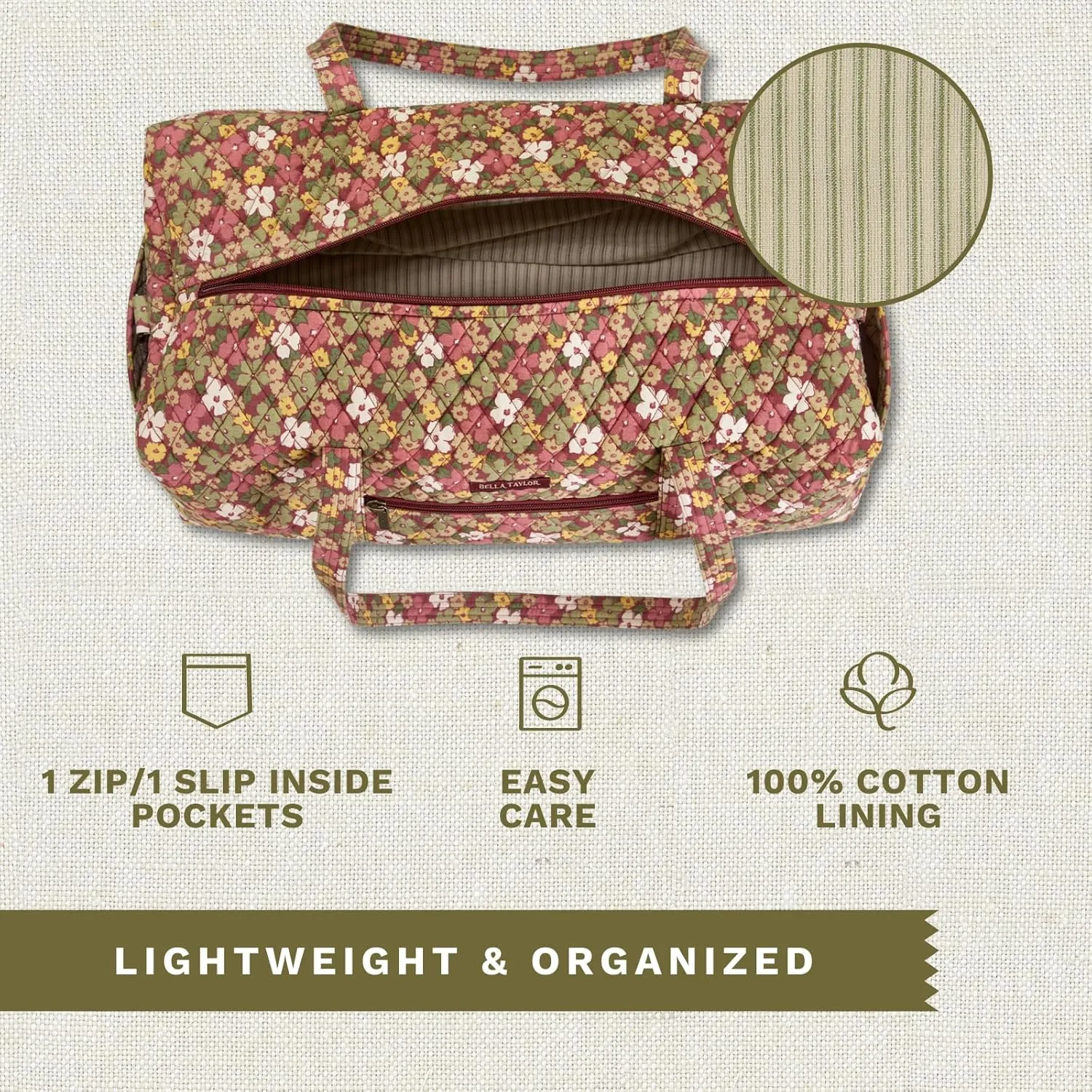 Bella Taylor Quilted Cotton Duffel Bag |Large Carry On Travel and Weekender Bag For Women| Autumn Garden