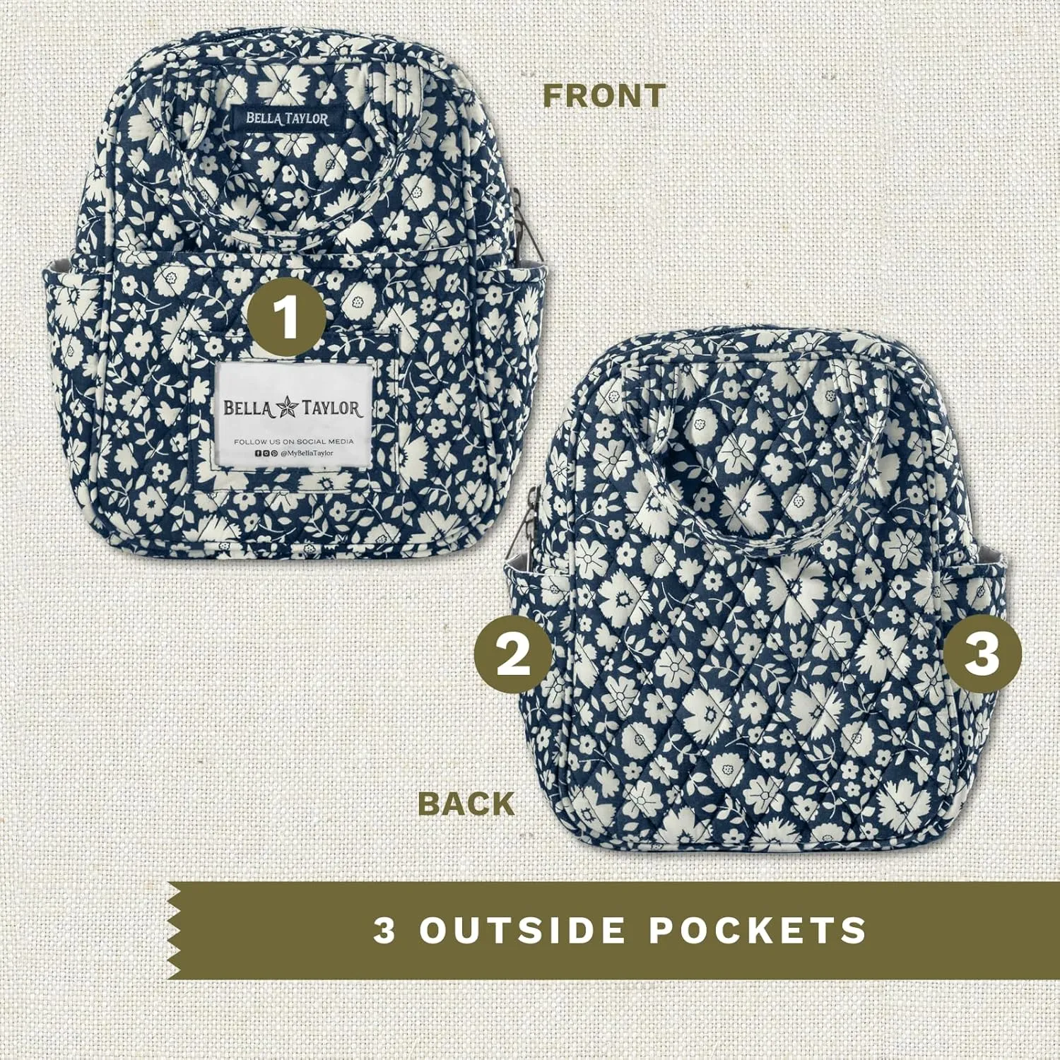 Bella Taylor Quilted Cotton Lunch Tote for Women | Foodsafe with Easy Clean PEVA Liner | Bicolor Floral Navy